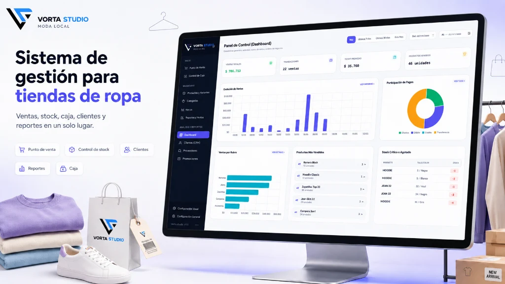Panel de control con ventas, productos más vendidos y stock crítico