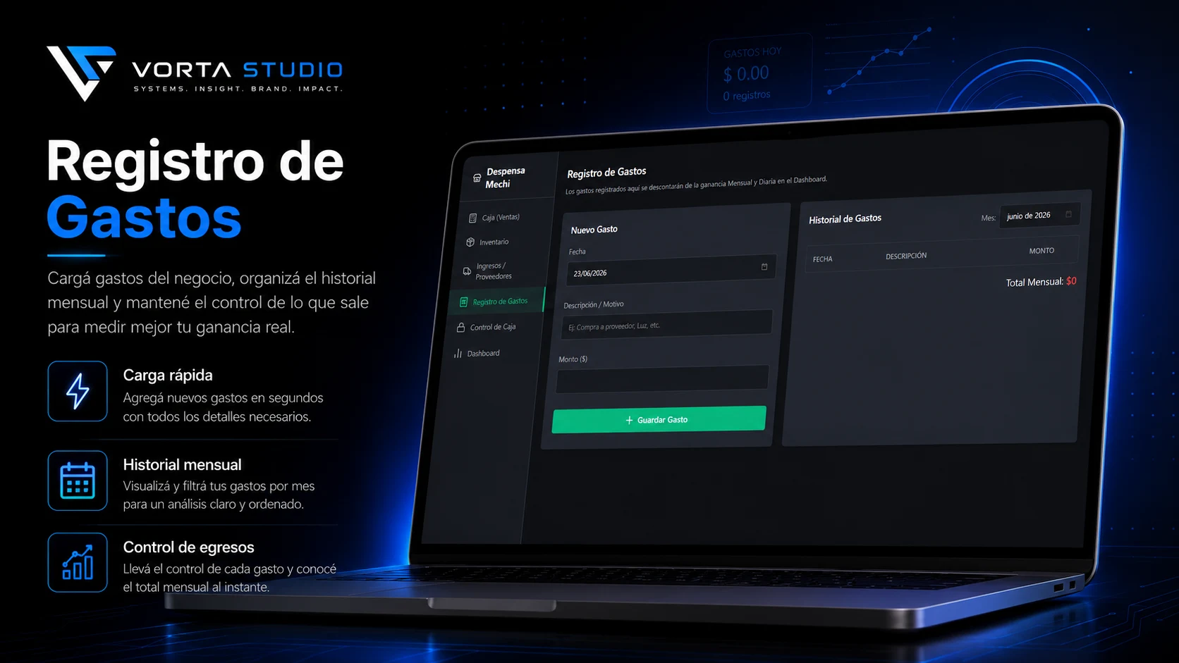 Registro de gastos del sistema para kioscos